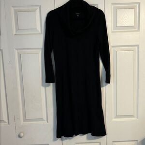 ANN TAYLOR Size 10 Turtleneck Cowlneck A-Line Wool Black Long Sleeve Dress Midi